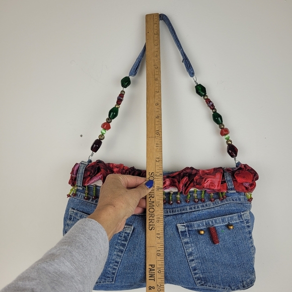 Hand Crafted By Scarlet Denim Red Beaded Women's Bag Lined Bead Handle Boho Arty - Picture 3 of 9